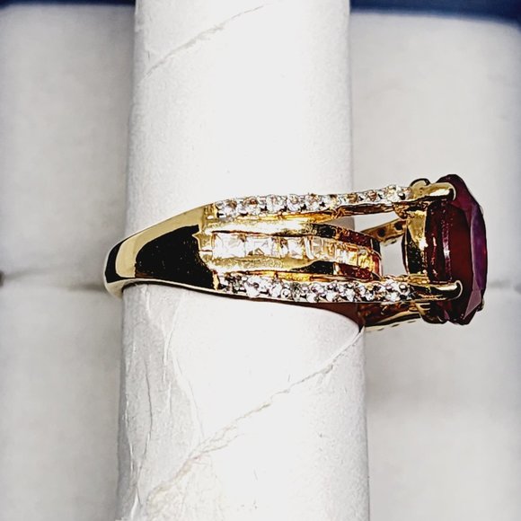 Ruby & White Topaz bridge ring in 14K Yellow Gold over 925 SS4.75 cts sz 5 - Picture 5 of 6